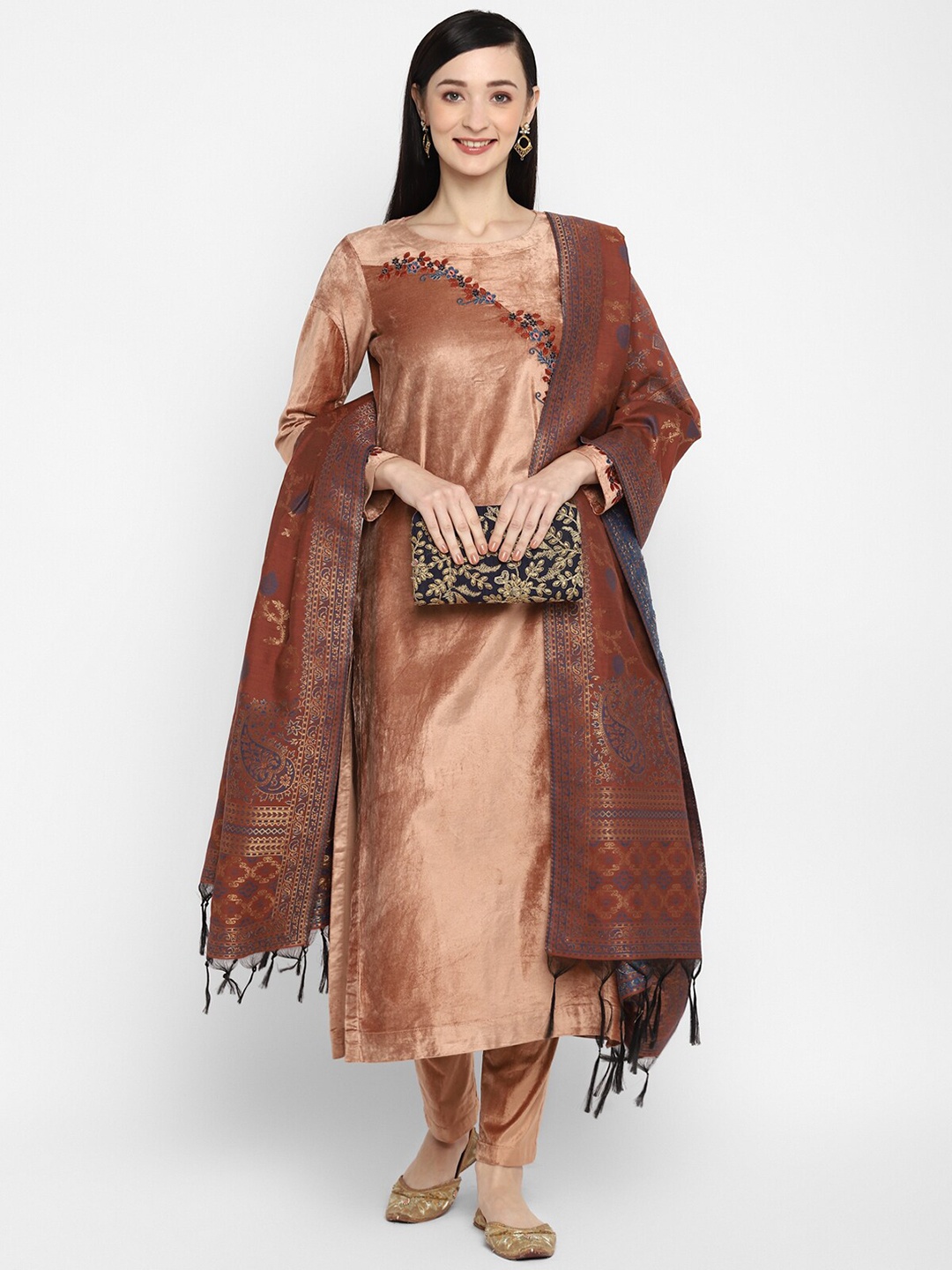 

STADO Floral Embroidered Velvet Kurta With Trousers & Dupatta, Peach