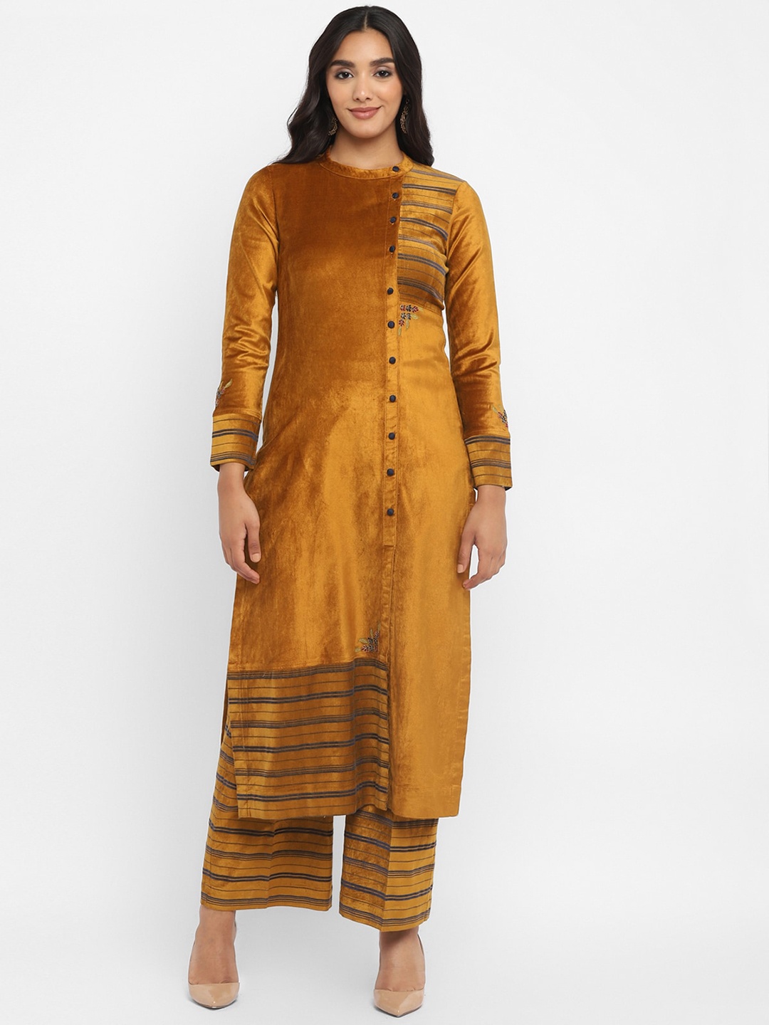 

STADO Striped Velvet Band Collar Straight Kurta With Trousers, Mustard