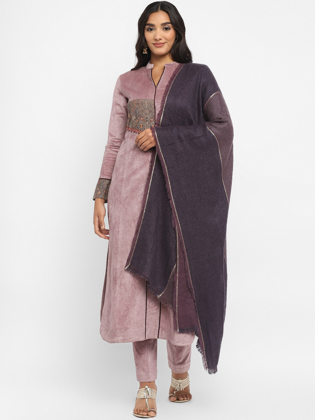 

STADO Ethnic Motifs Woven Design Mandarin Collar Velvet Kurta With Trousers & Dupatta, Pink
