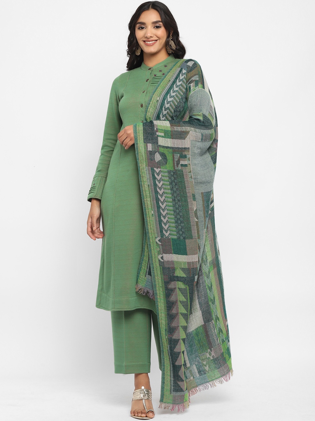 

STADO Mandarin Collar Thread Work Kurta With Trousers & Dupatta, Green