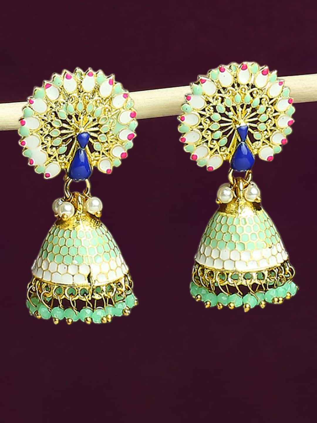 

OOMPH Meenkari Studded and Beaded Peacock Shaped Jhumkas, Gold