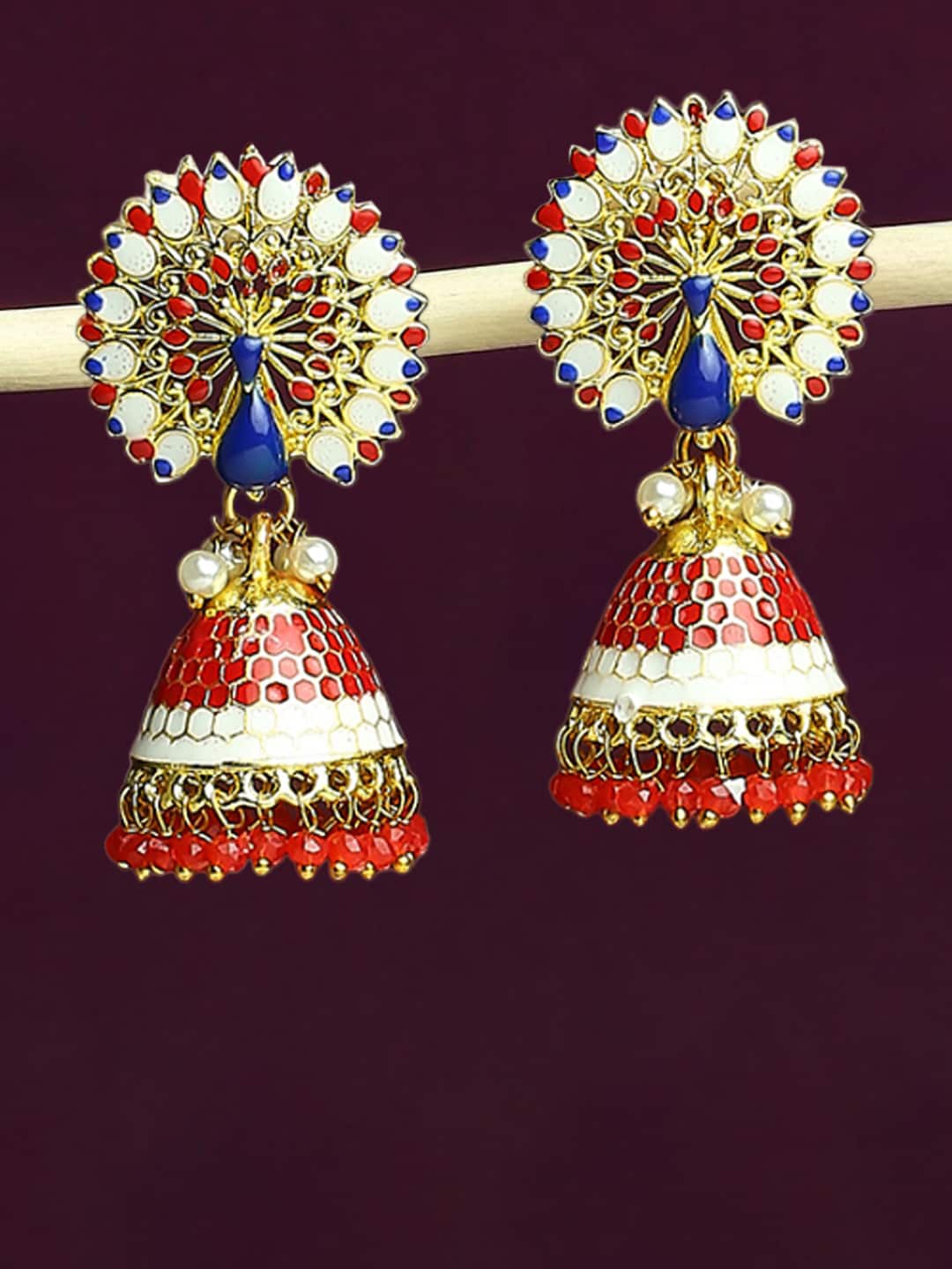 

OOMPH Meenkari Stone Studded and Beaded Peacock Shaped Jhumkas, Gold