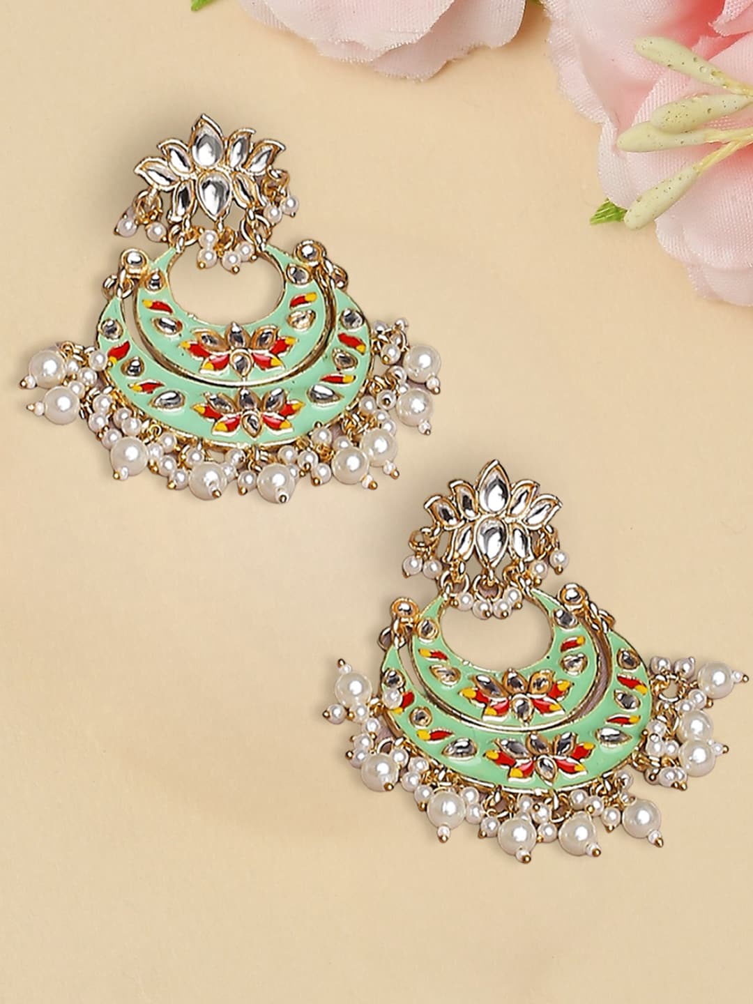 

OOMPH Floral Kundan-Studded Meenakari Chandbalis, Gold