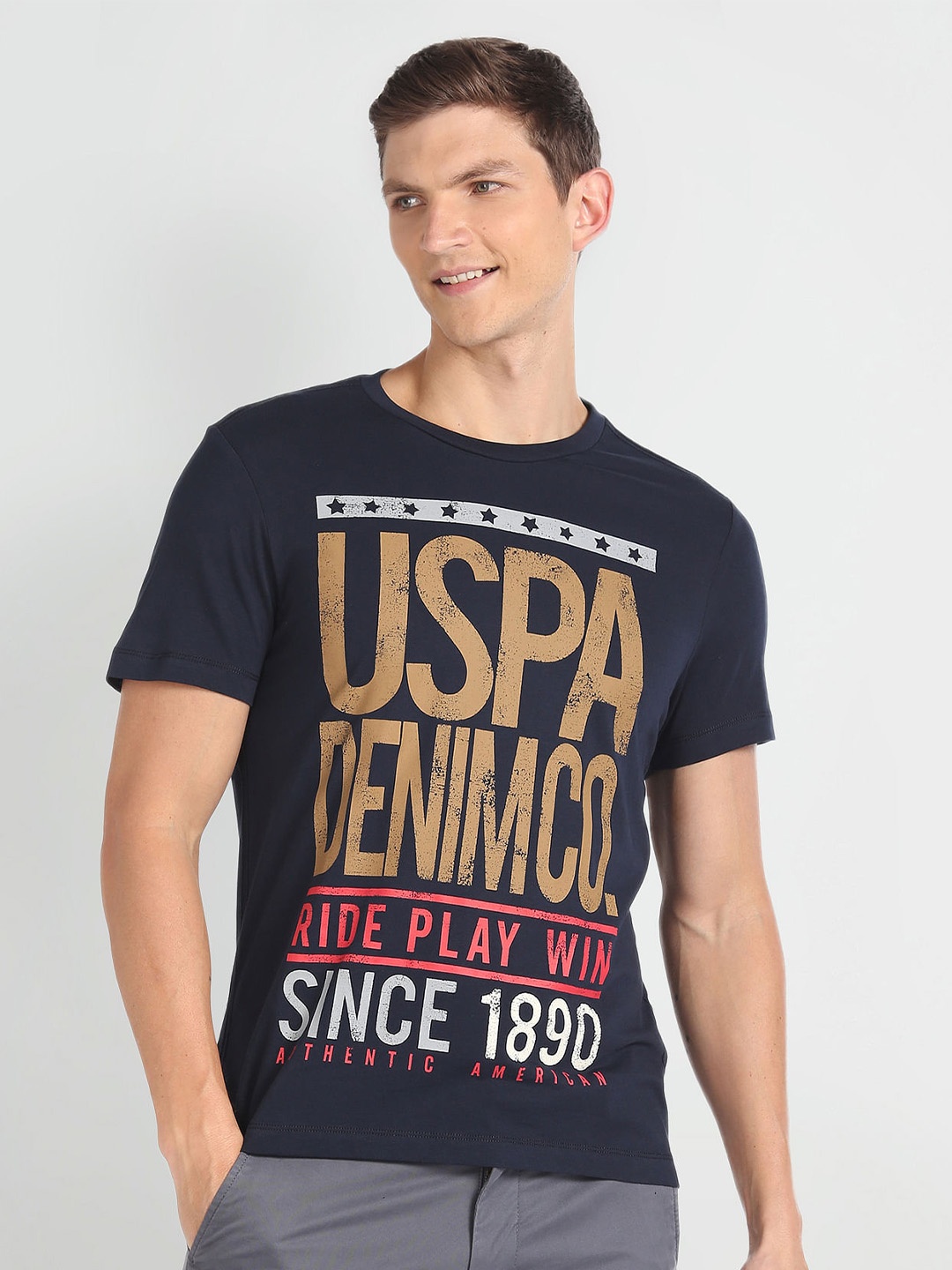 U.S. Polo Assn. Denim Co. Typography Printed Slim Fit T-shirt, Navy blue