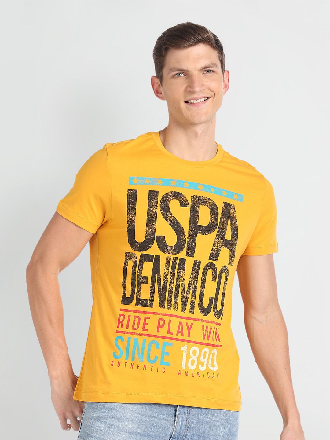 

U.S. Polo Assn. Denim Co. Typography Printed Slim Fit Cotton T-shirt, Yellow