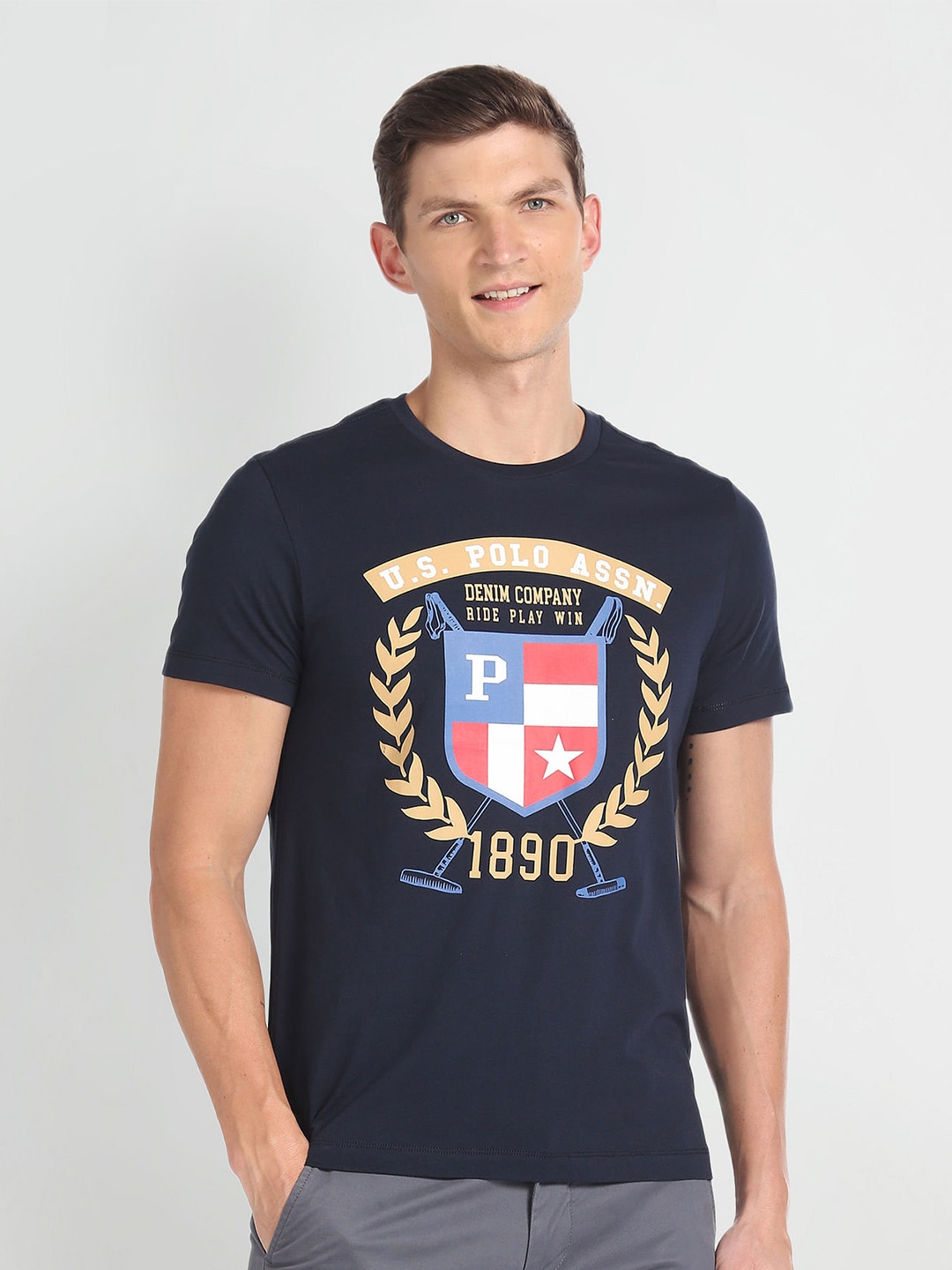 

U.S. Polo Assn. Denim Co. Typography Printed Slim Fit Cotton T-Shirt, Navy blue