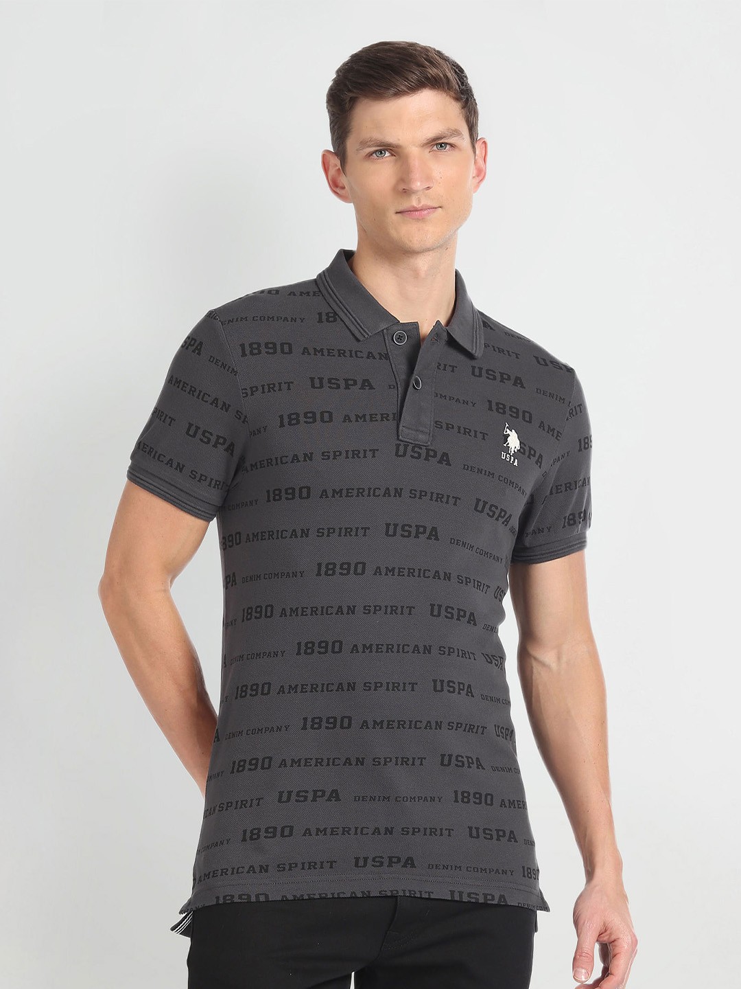 

U.S. Polo Assn. Denim Co. Typography Printed Polo Collar Slim Fit T-shirt, Charcoal