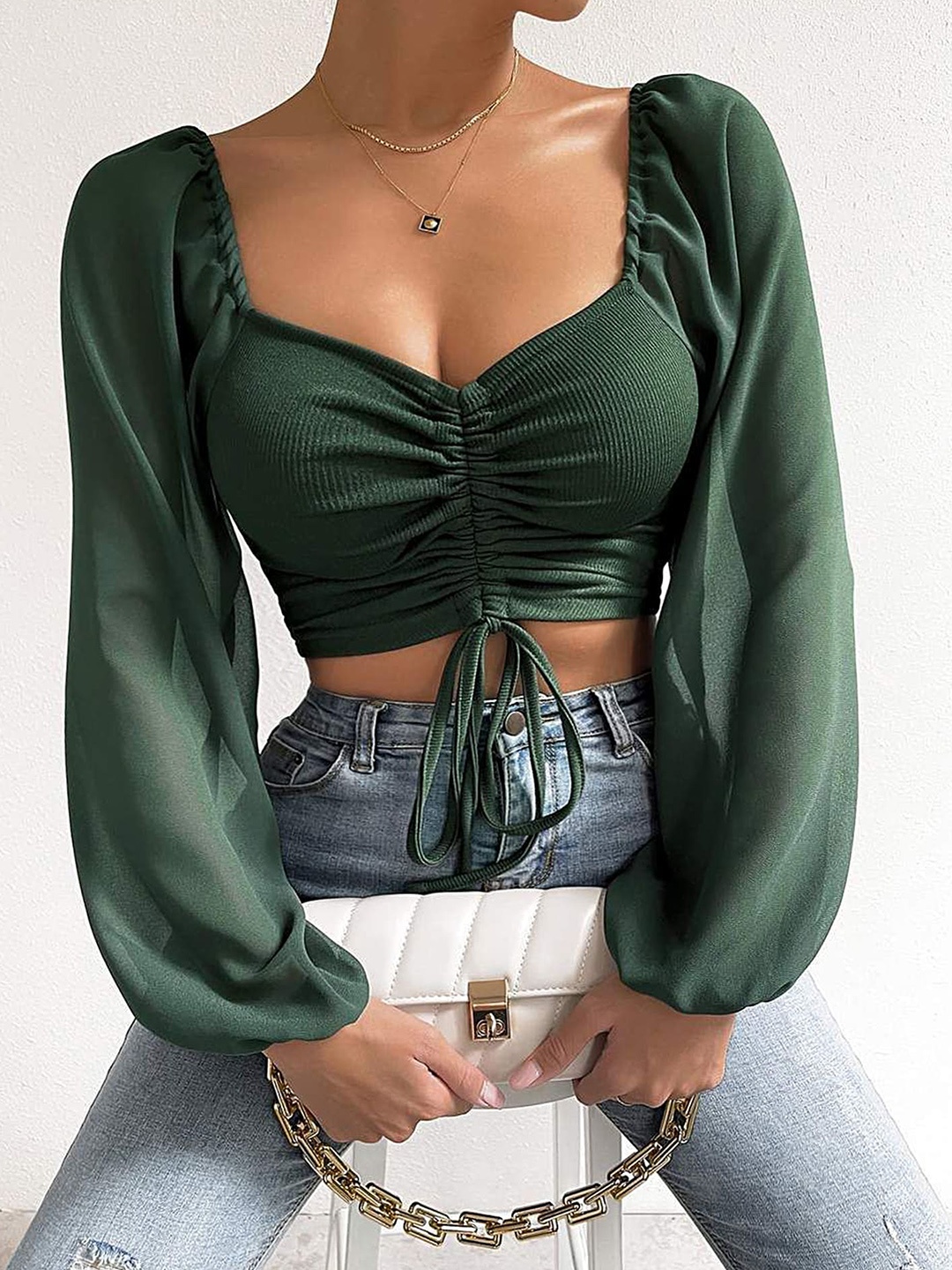 

LULU & SKY Sweetheart Neck Puff Sleeve Gathered Bardot Crop Top, Green