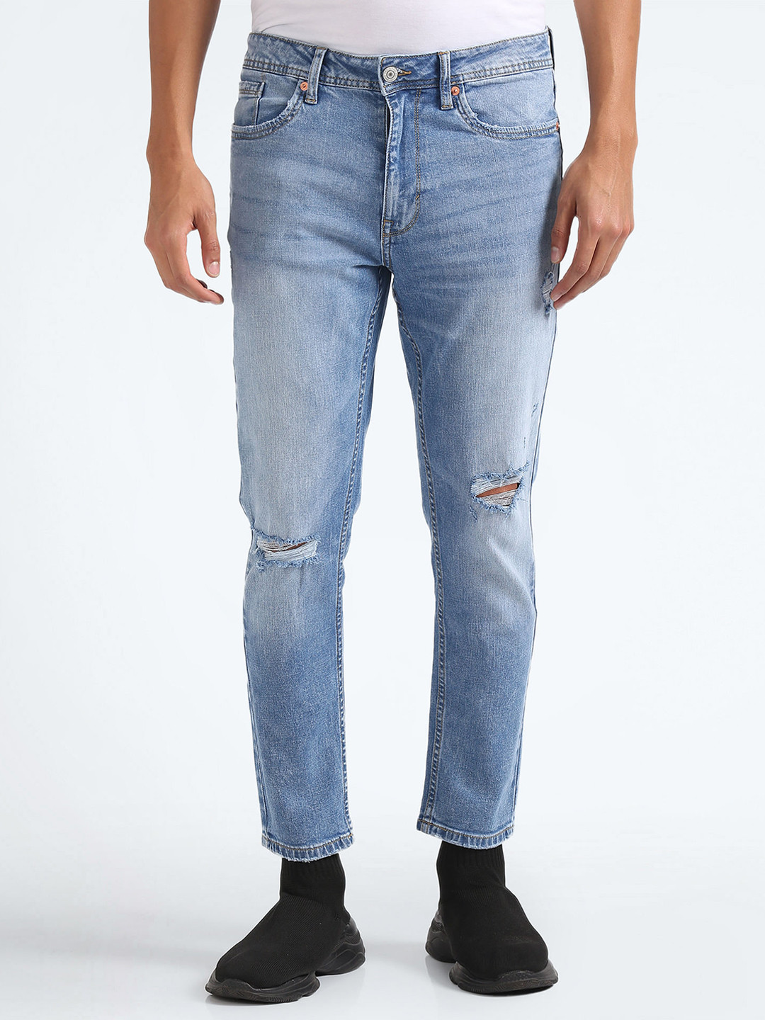 

Flying Machine Men Tapered Fit High-Rise Slash Knee Light Fade Stretchable Jeans, Blue