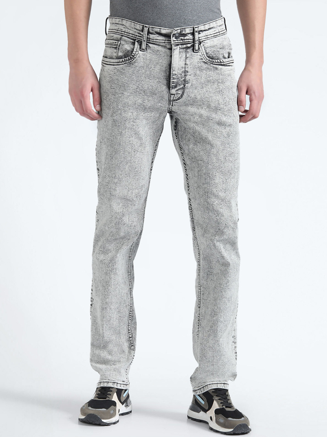 

Flying Machine Men Slim Fit Mid-Rise Heavy Fade Stretchable Jeans, Grey