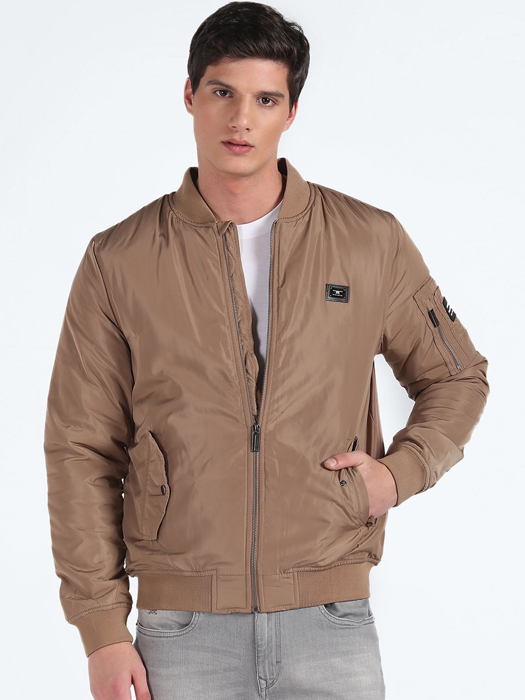 

Flying Machine Stand Collar Bomber Jacket, Beige