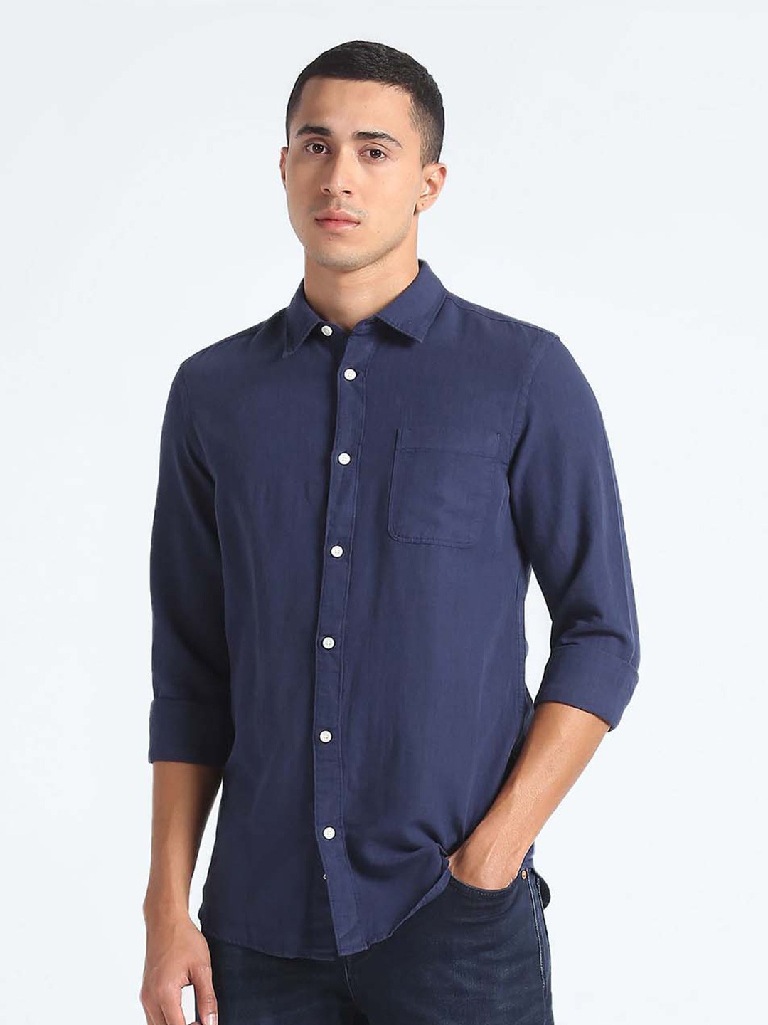 

Flying Machine Slim Fit Cotton Linen Casual Shirt, Blue