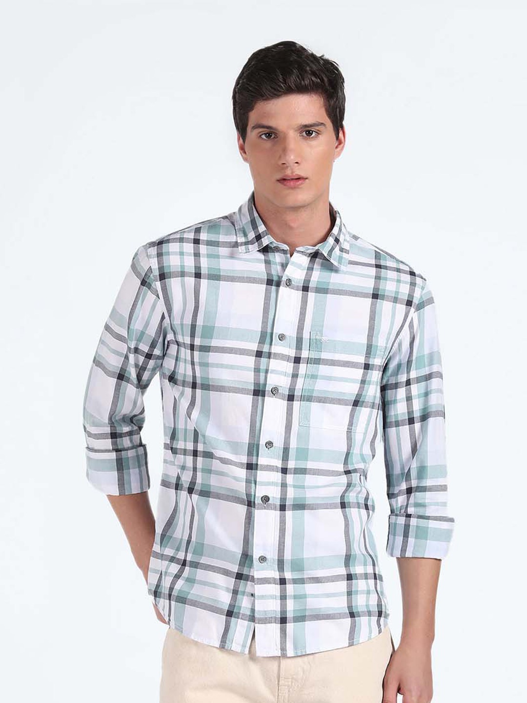 

Flying Machine Tartan Checks Twill Pure Cotton Casual Shirt, White