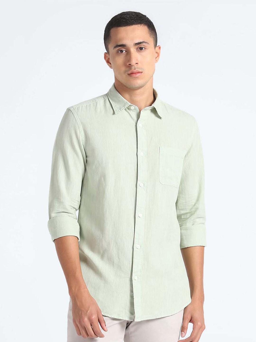 

Flying Machine Slim Fit Cotton Linen Casual Shirt, Green