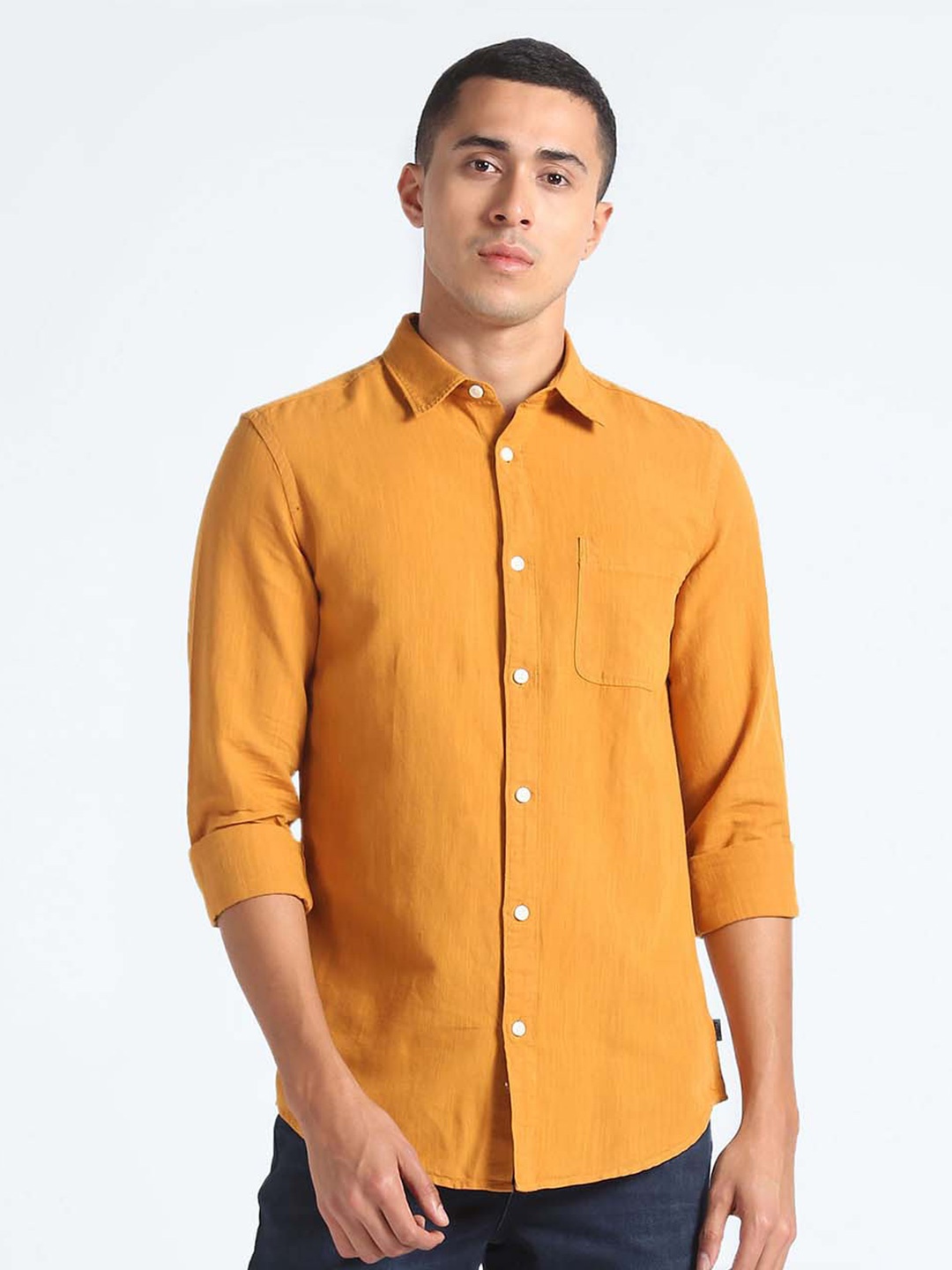 

Flying Machine Slim Fit Cotton Linen Casual Shirt, Yellow