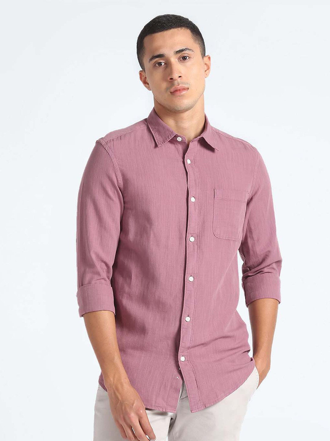 

Flying Machine Slim Fit Cotton Linen Casual Shirt, Pink