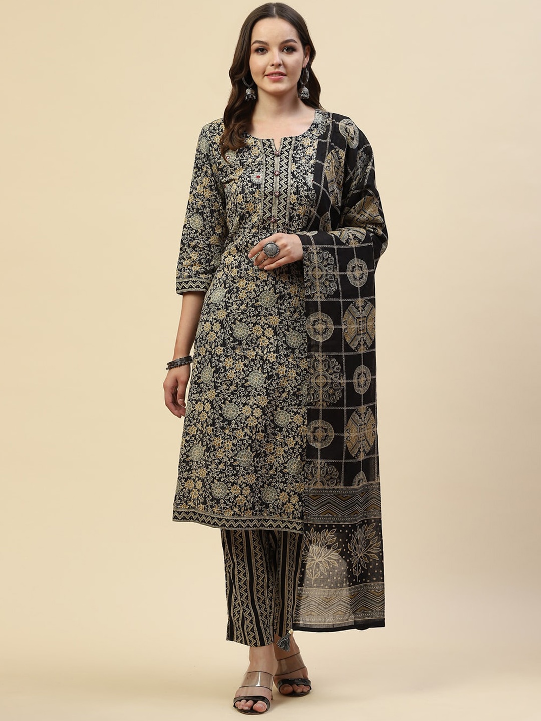 

Meena Bazaar Floral Printed Regular Kurta with Trousers & Dupatta, Black