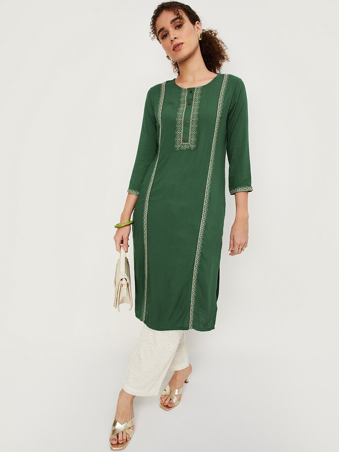 

max Ethnic Motifs Woven Design Straight Kurta, Green