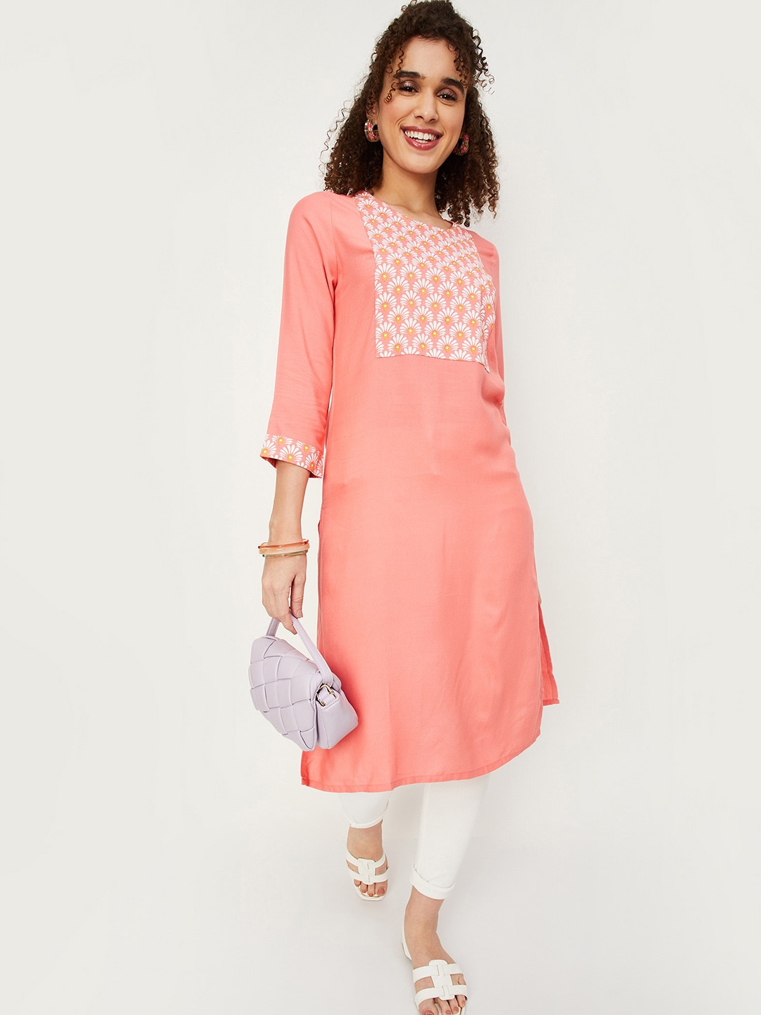 max Floral Yoke Design Straight Kurta, Coral