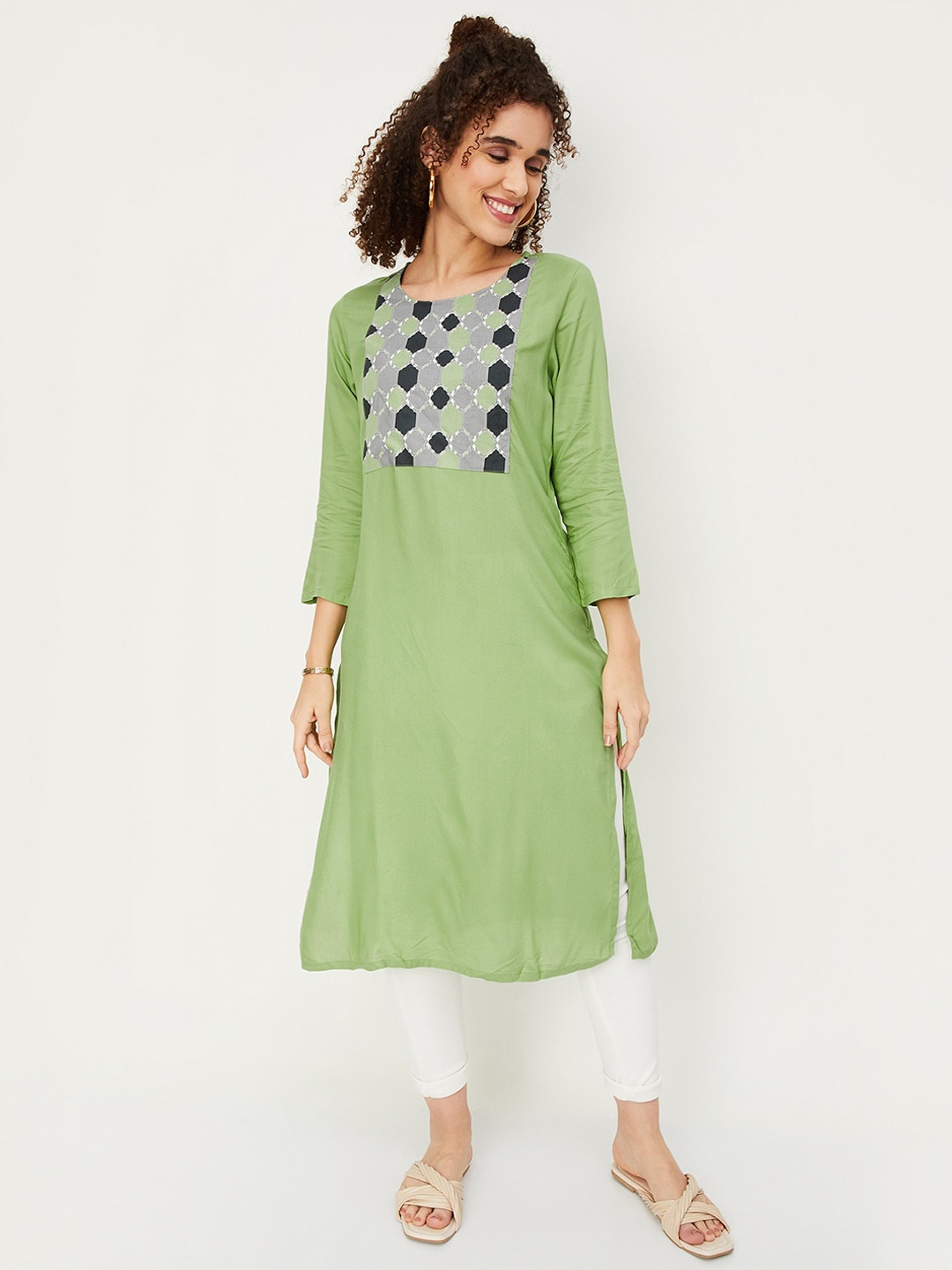 

max Geometric Printed Straight Kurta, Green