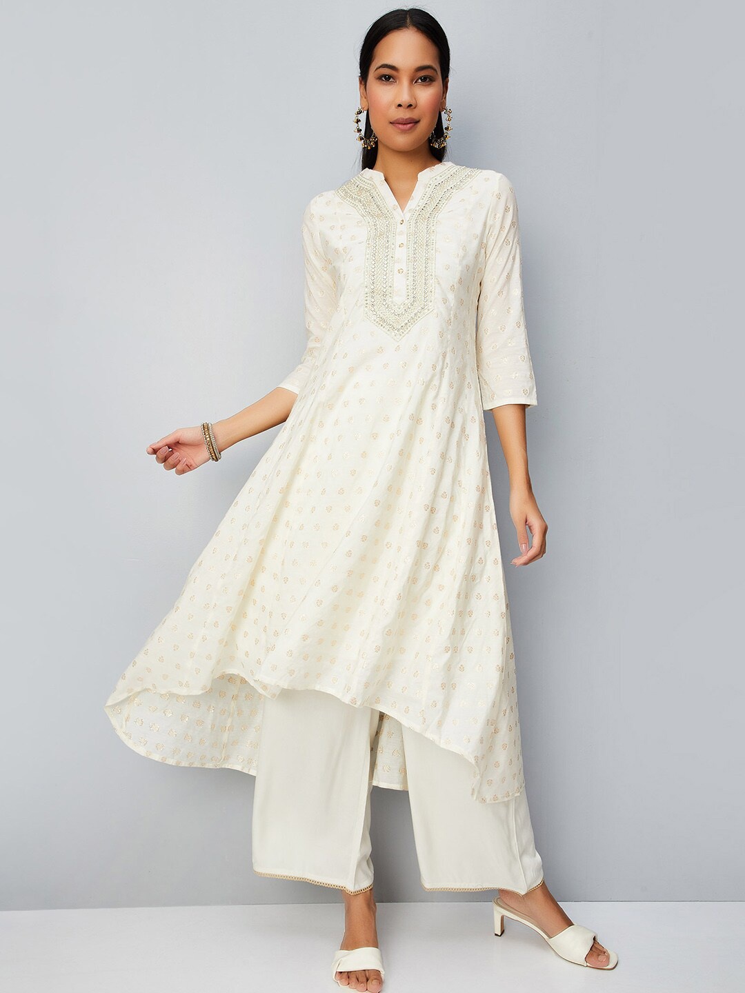 

max Ethnic Motifs Yoke Design Mirror Work Pure Cotton A Line Kurta, Off white