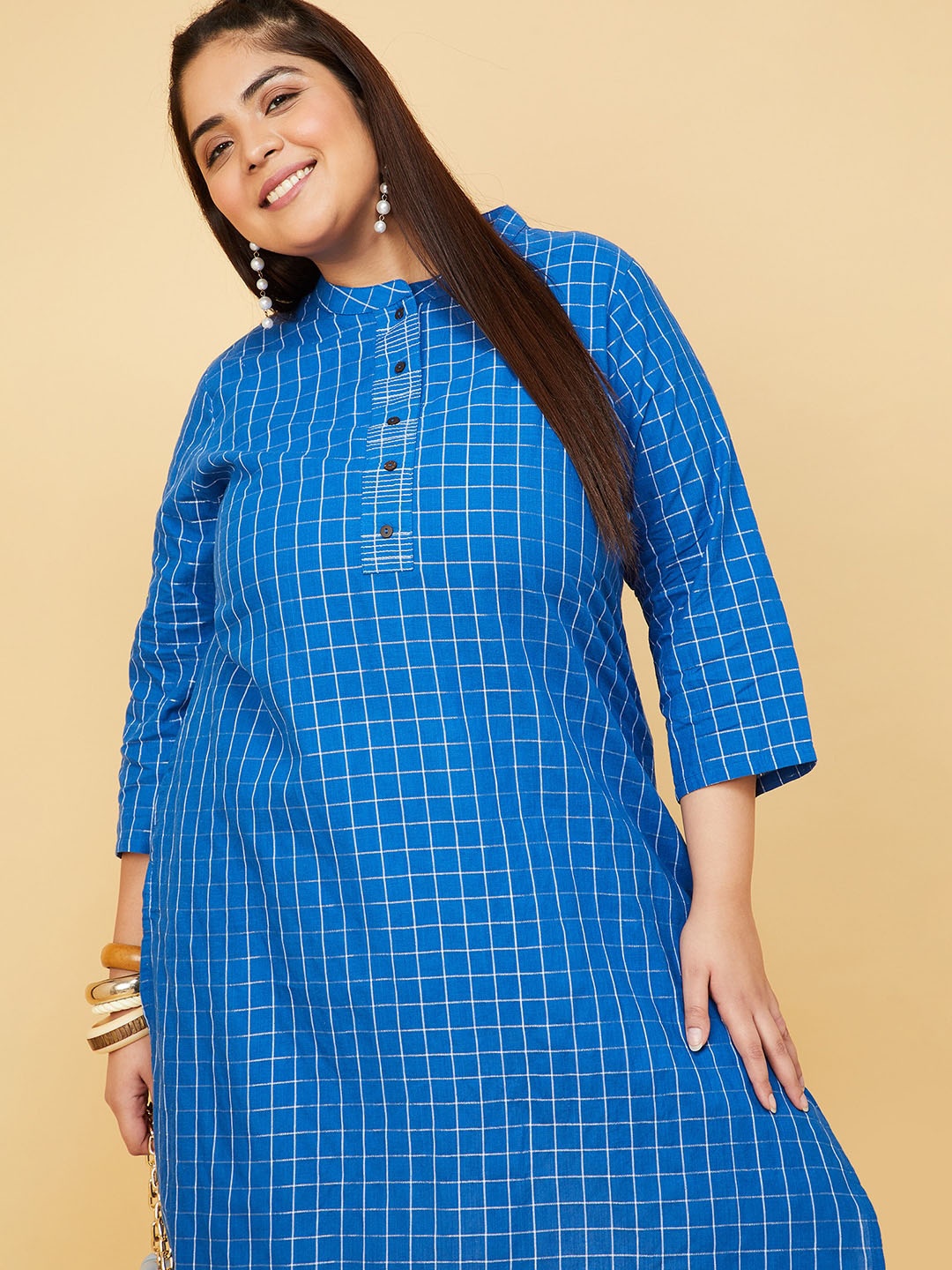 

max Plus Size Checked Pure Cotton A Line Kurta, Blue