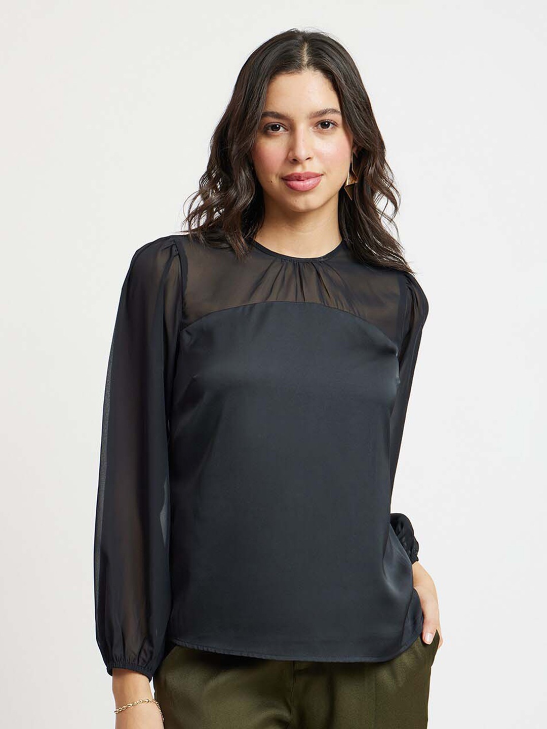 

FableStreet Round Neck Puff Sleeves Satin Top, Black