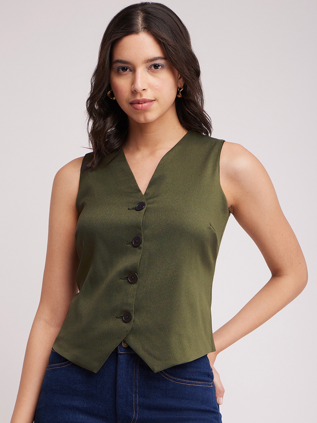 

FableStreet V-Neck Sleeveless Regular Top, Olive