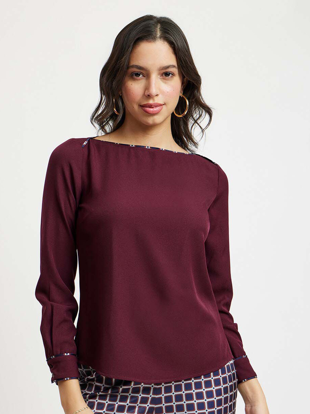 

FableStreet Boat Neck Cuffed Sleeves Regular Top, Maroon