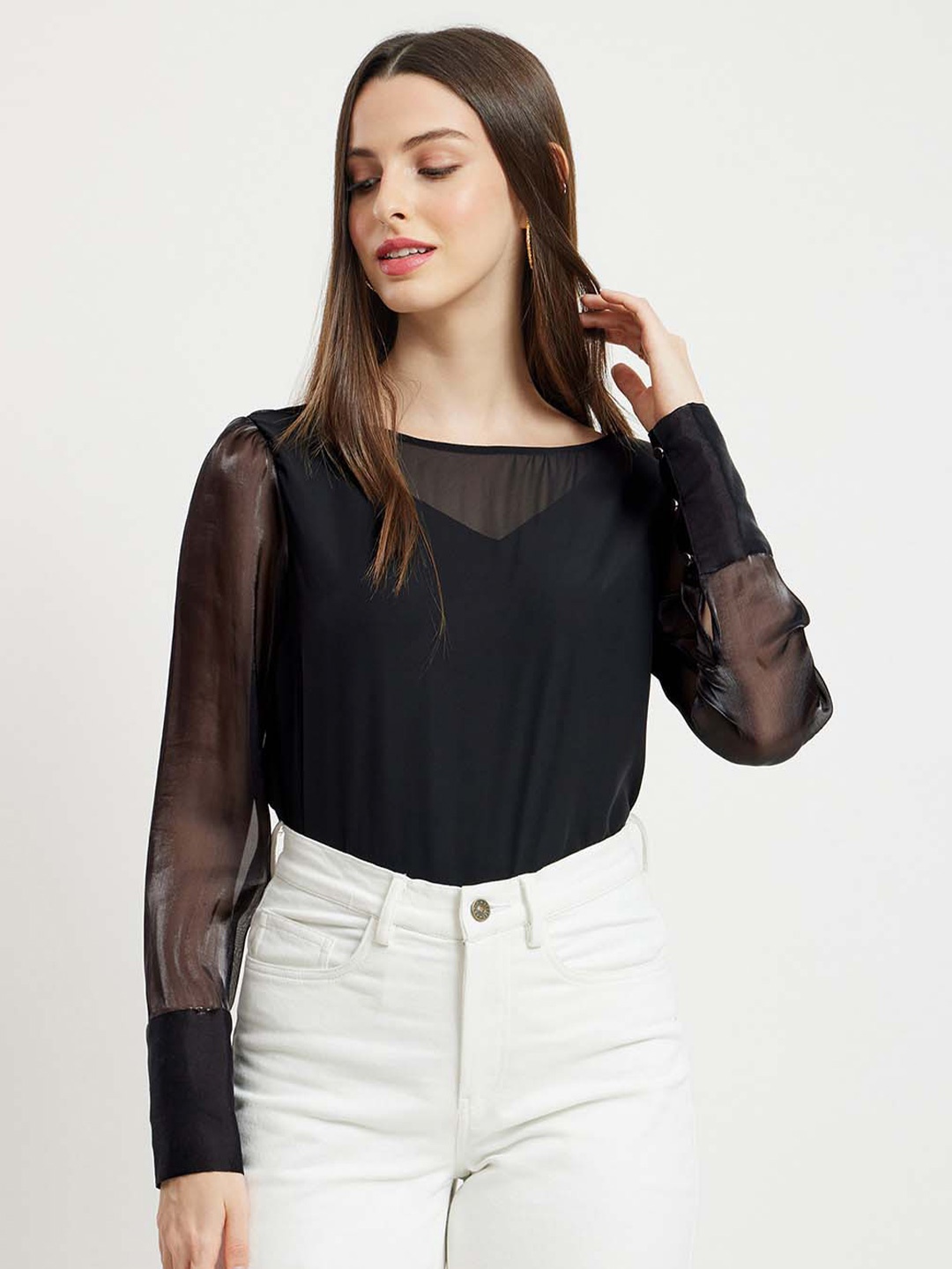 

FableStreet Boat Neck Satin Semi Sheer Cuffed Sleeve Top, Black