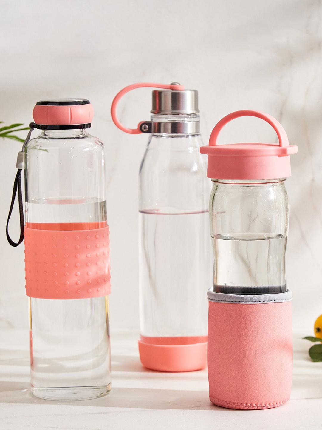 

Home Centre Atlantis Bowen Pink Glass Water Bottle with Pouch 500 ML