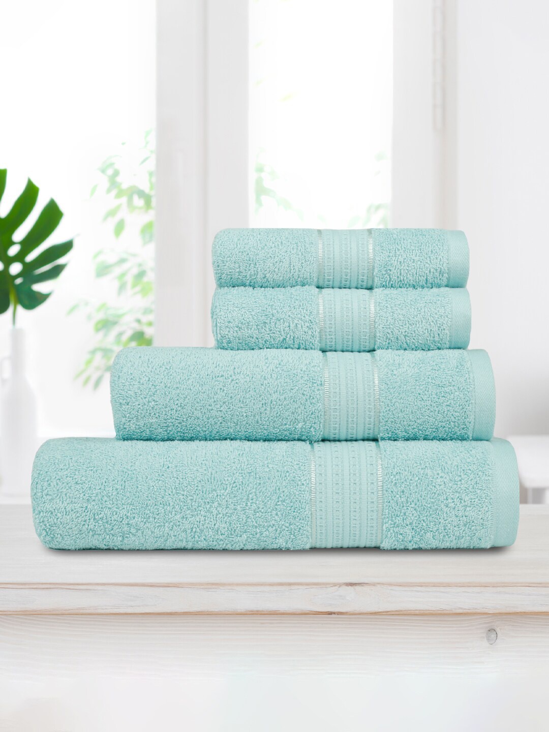 

MYTRIDENT CARNIVAL 4-Pcs Self-Design Antimicrobial 450GSM Pure Cotton Towel Set, Sea green