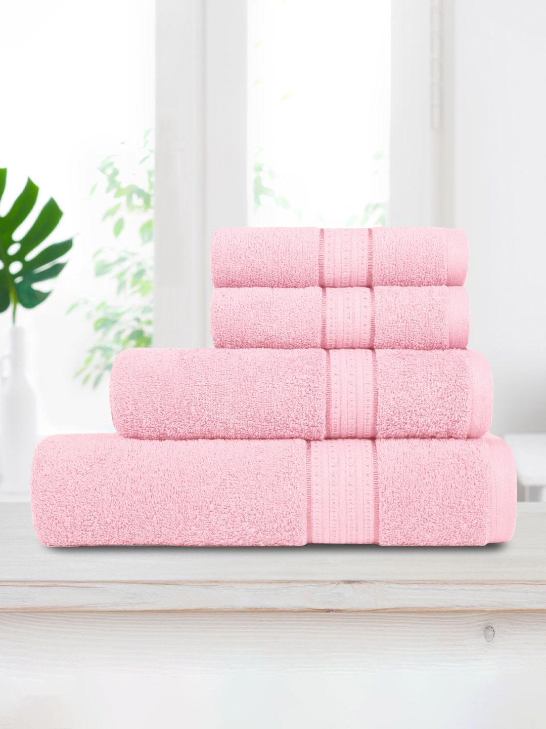 

MYTRIDENT CARNIVAL 4-Pcs Self-Design Antimicrobial 450GSM Pure Cotton Towel Set, Pink