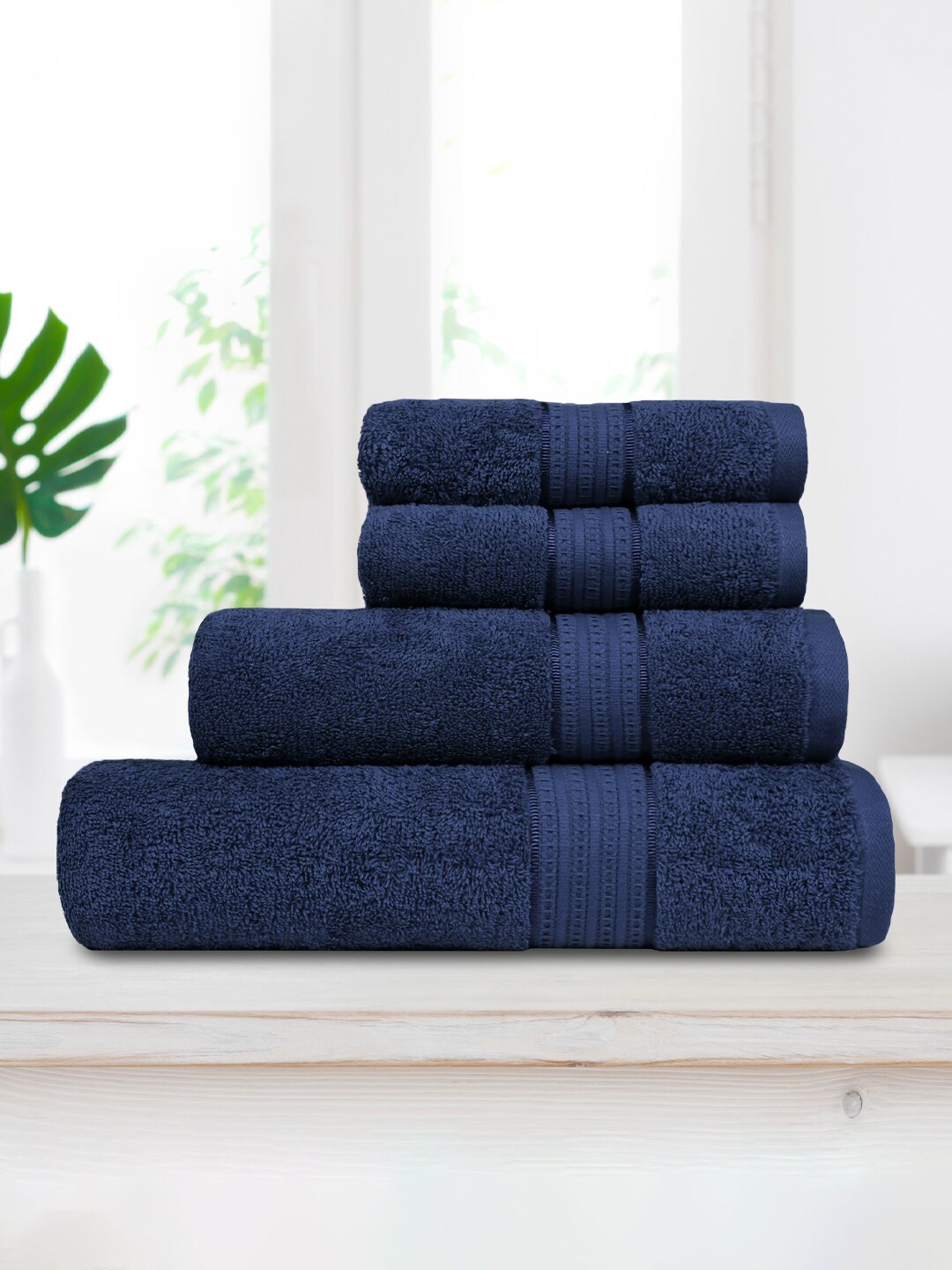 

MYTRIDENT CARNIVAL 4 Pcs Navy Blue Self-Design Antimicrobial 450GSM Pure Cotton Towel Set