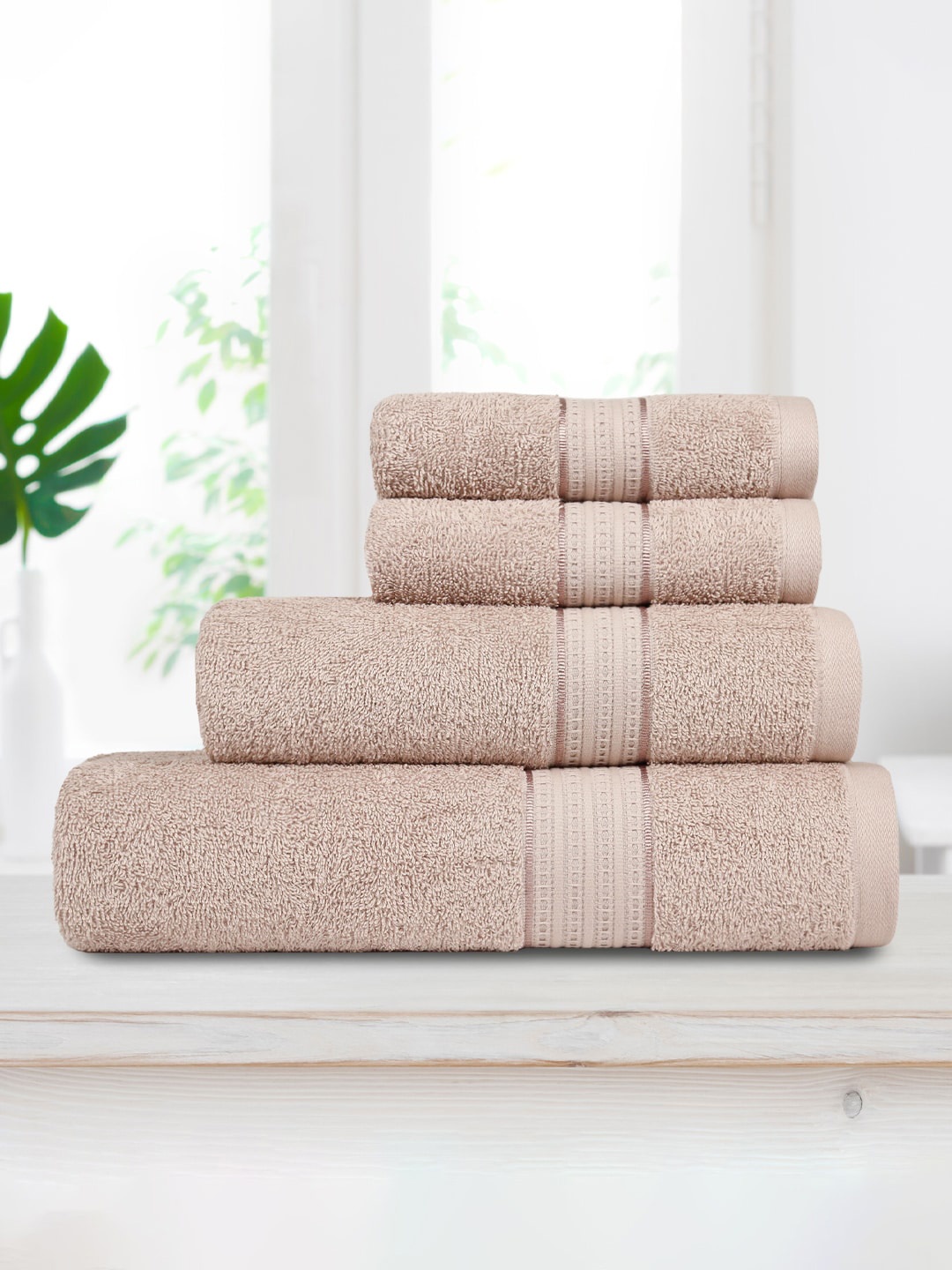 

MYTRIDENT CARNIVAL 4-Pcs Beige Self-Design Antimicrobial 450GSM Pure Cotton Towel Set