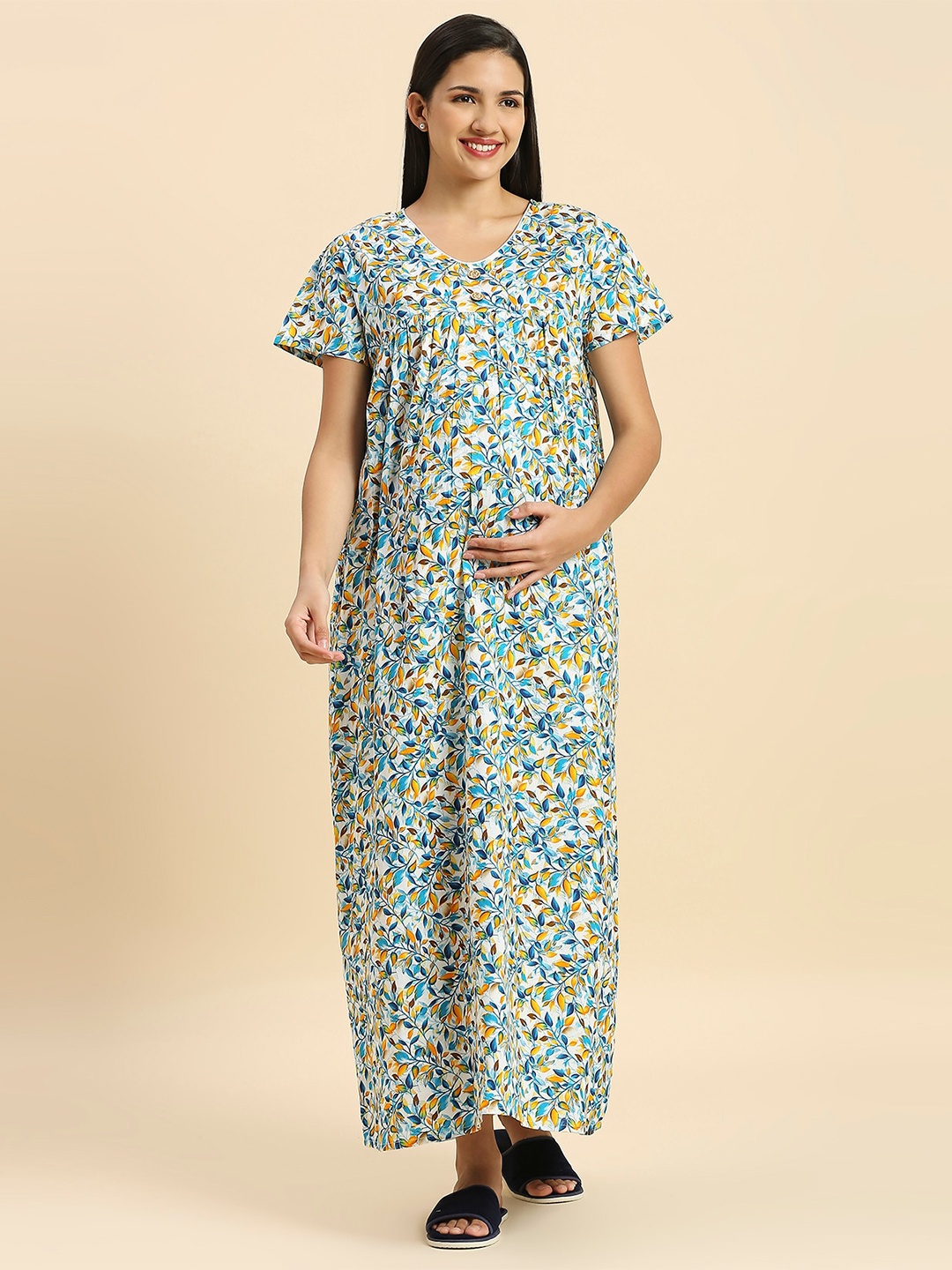 

MomToBe Floral Printed Pure Cotton Maxi Maternity Nightdress, Blue