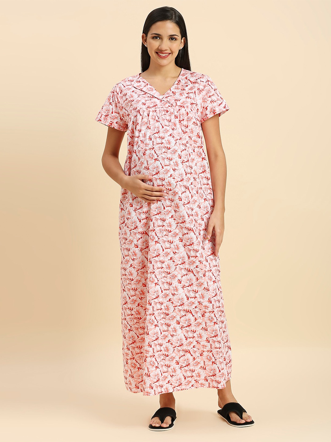 

MomToBe Floral Printed Pure Cotton Maxi Maternity Nightdress, Peach