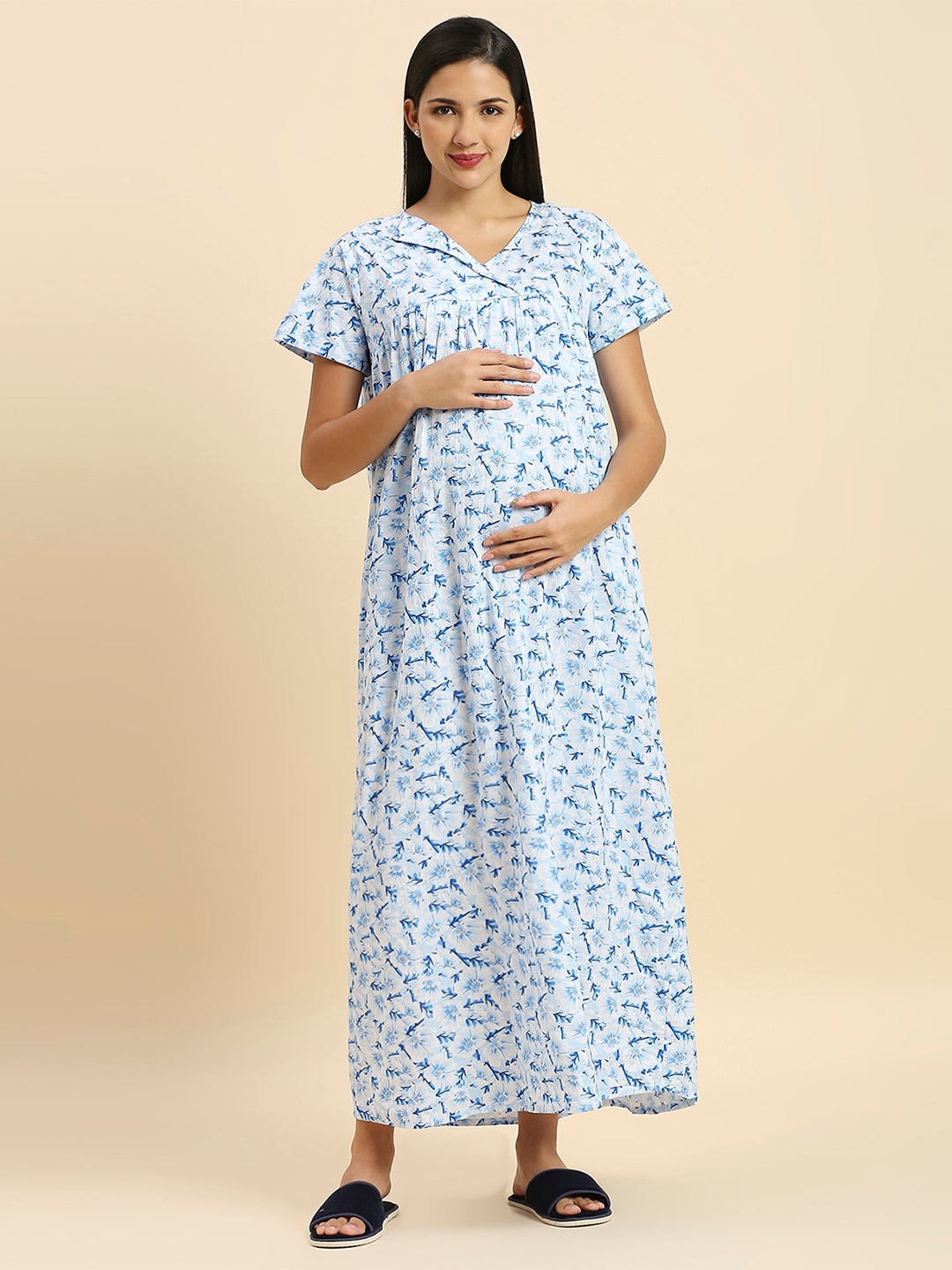 

MomToBe Floral Printed Pure Cotton Maxi Maternity Nightdress, Blue