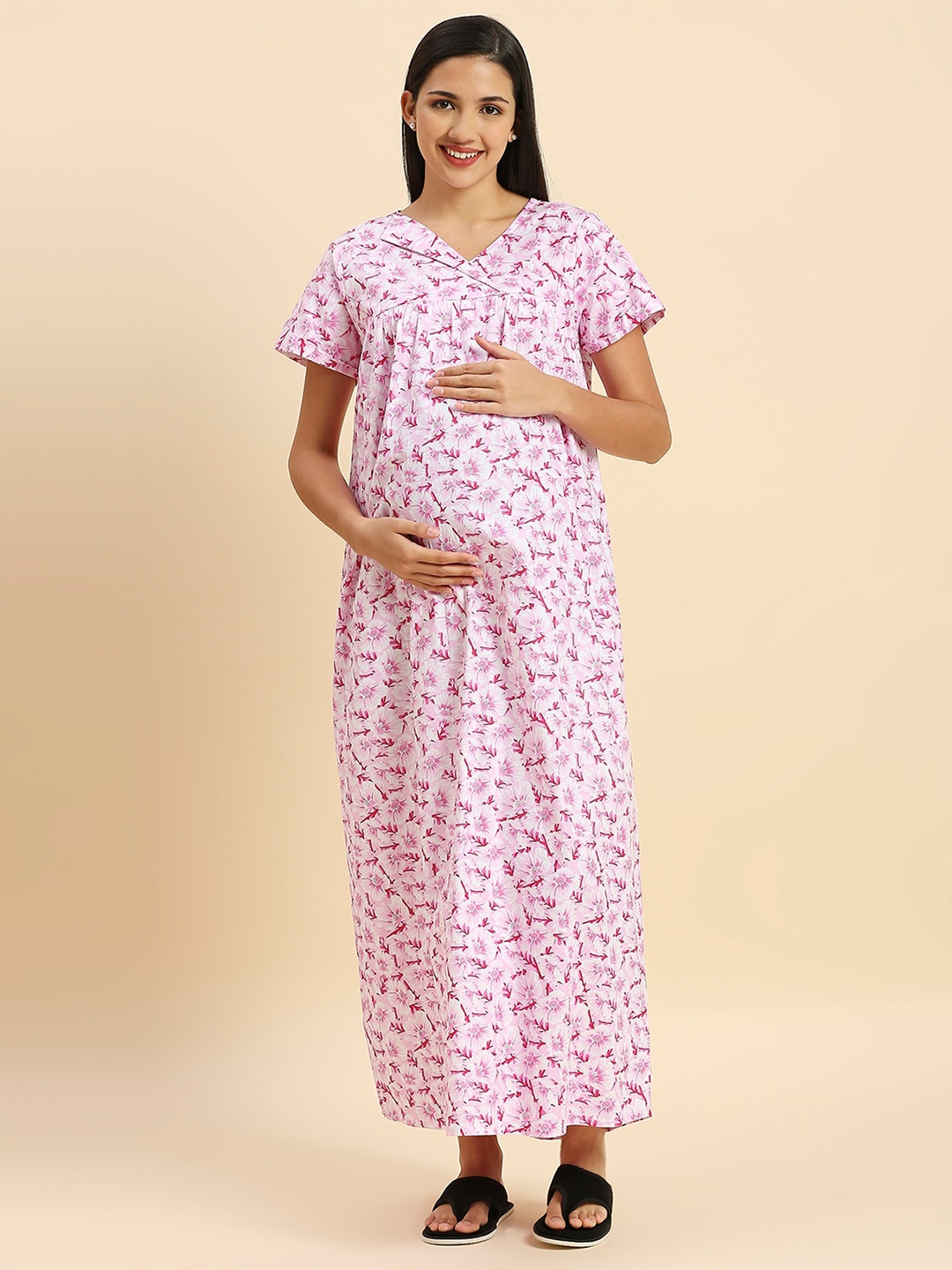 

MomToBe Floral Printed V-Neck Pure Cotton Maxi Maternity Nightdress, Pink