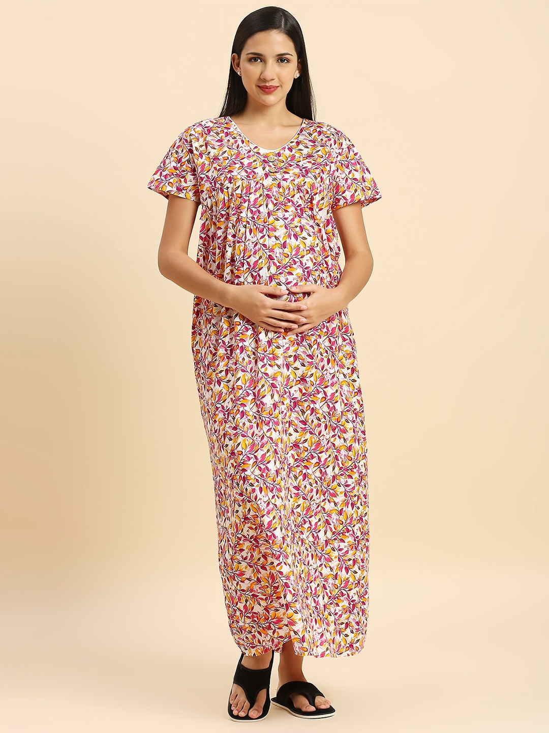 

MomToBe Floral Printed V-Neck Pure Cotton Maxi Maternity Nightdress, Pink