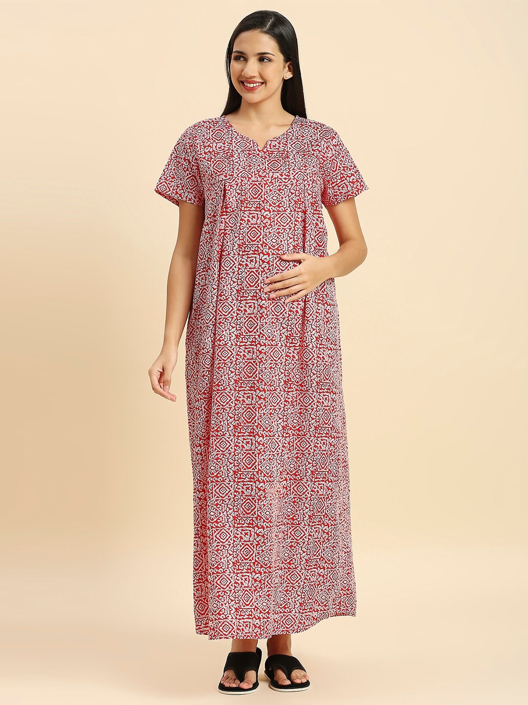 

MomToBe Ethnic Motifs Printed Pure Cotton Maxi Maternity Nightdress, Red