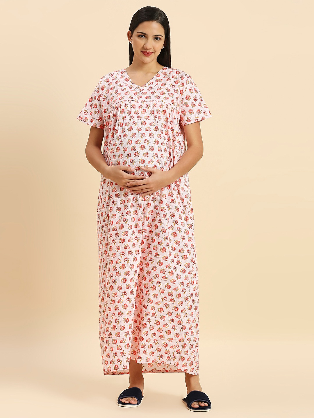 

MomToBe Floral Printed V-Neck Pure Cotton Maxi Maternity Nightdress, Peach