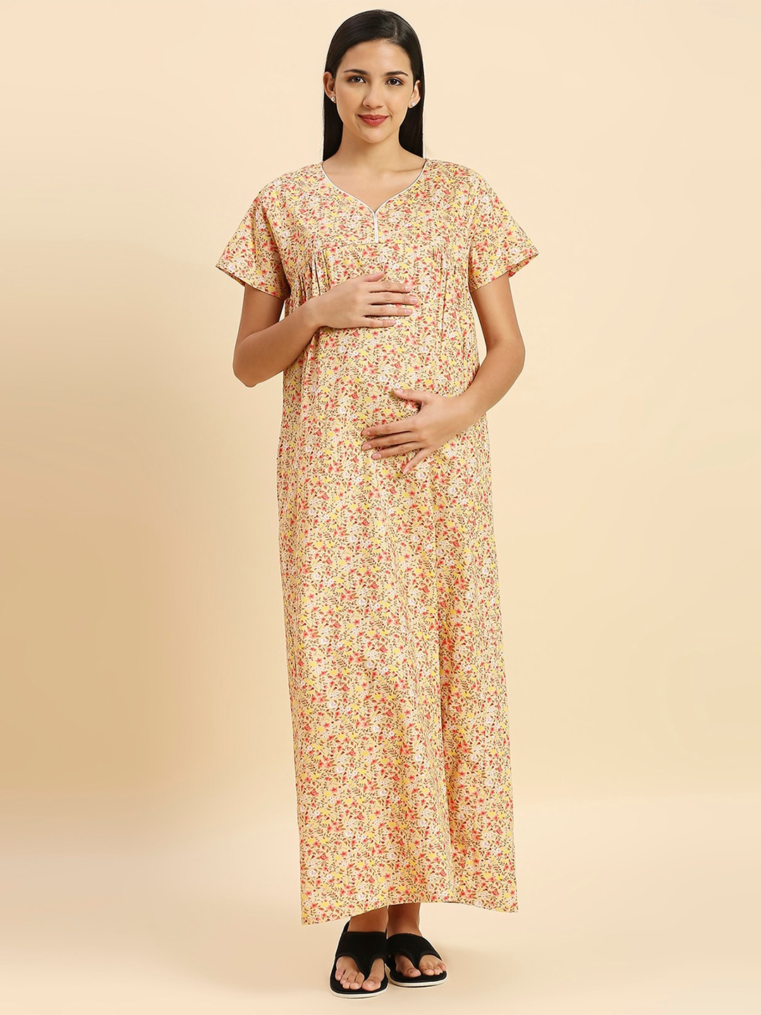 

MomToBe Floral Printed V-Neck Pure Cotton Maxi Maternity Nightdress, Beige