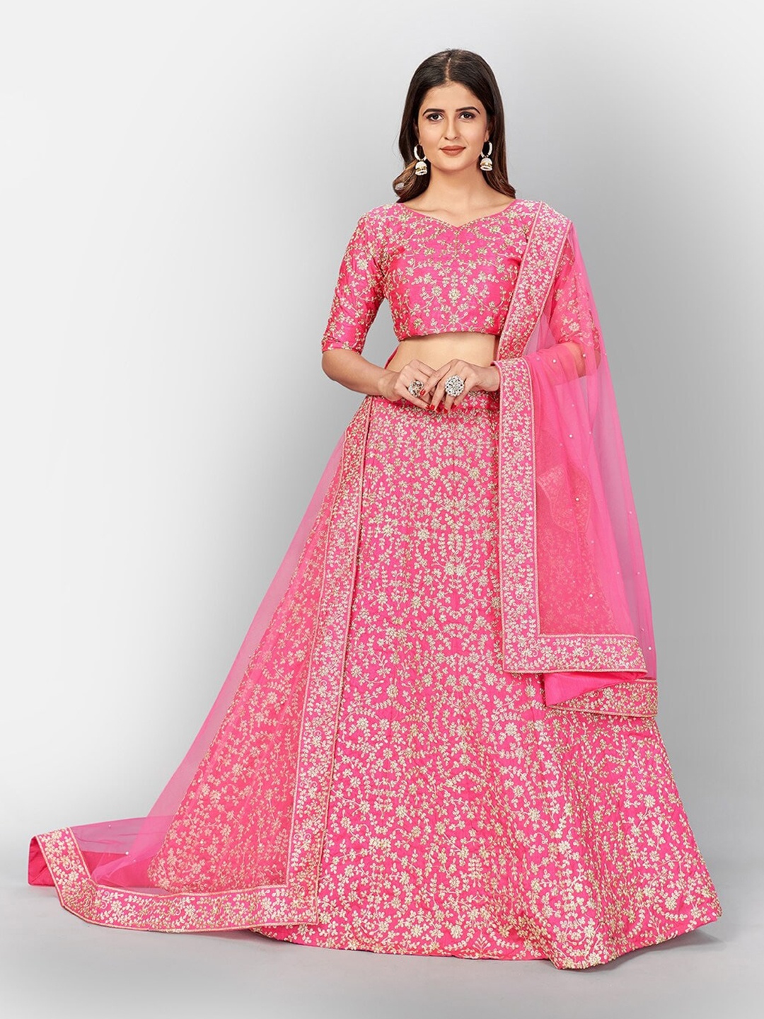 

FABPIXEL Embroidered Thread Work Semi-Stitched Lehenga & Unstitched Blouse With Dupatta, Pink