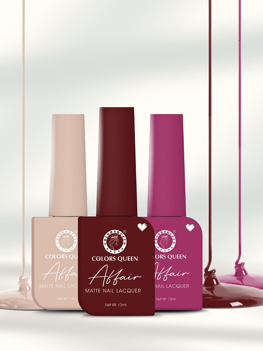 

Colors Queen Affair 3-Pcs Matte Nail Lacquer- 13ml Each -Soft Amber-Royal Scarlet-Barby, Multi