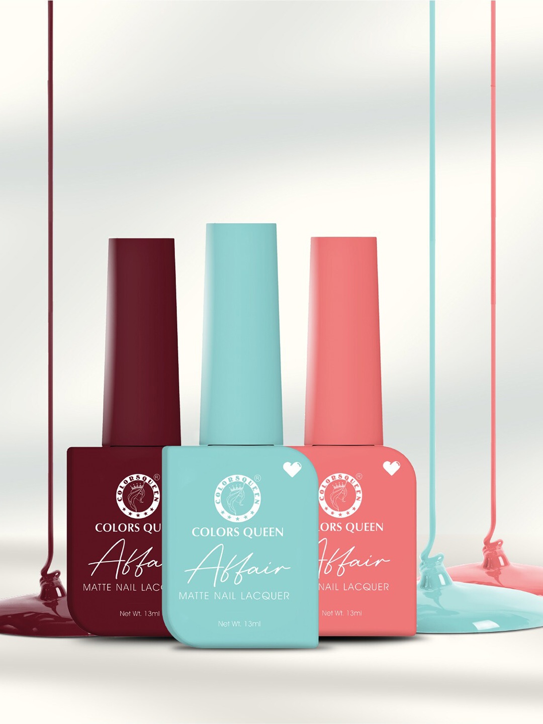 

Colors Queen Affair 3Pcs Matte Nail Lacquer-13ml Each-Regal Ruby-Bubble Gum Pop-Frost Grey, Multi
