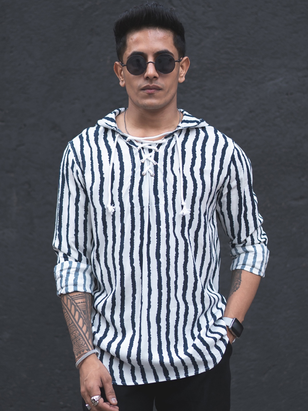 

Powerlook White India Slim Striped Hooded Casual Shirt