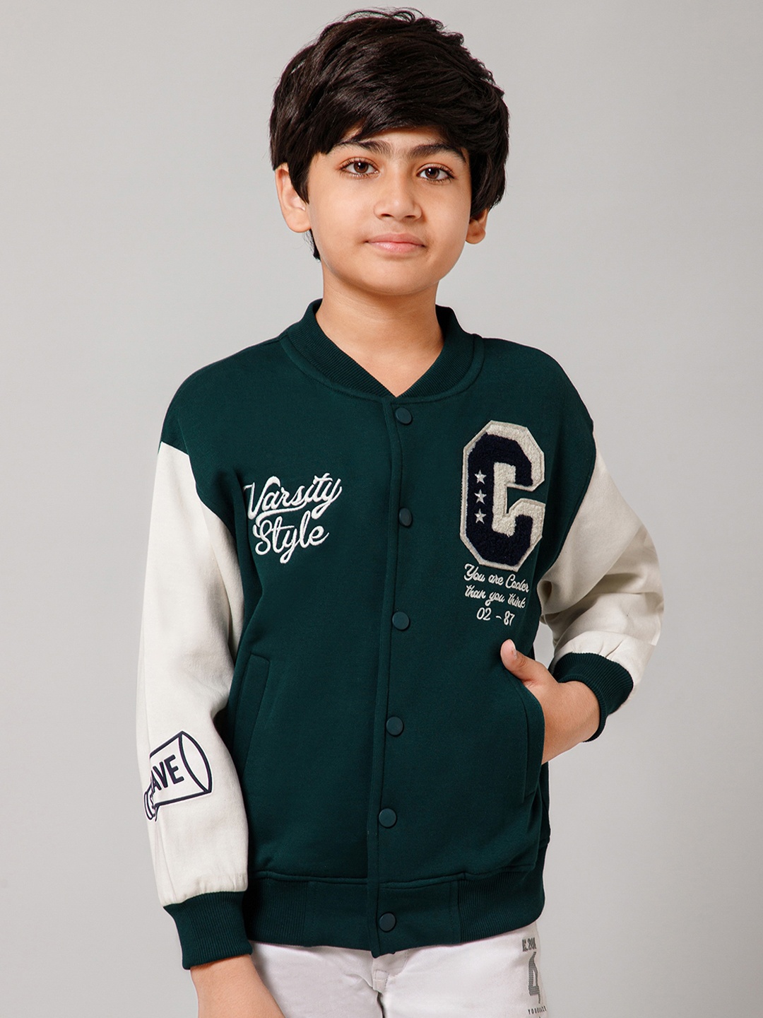 

Alan Jones Boys Typography Printed Patch Work Varsity Jacket, Green