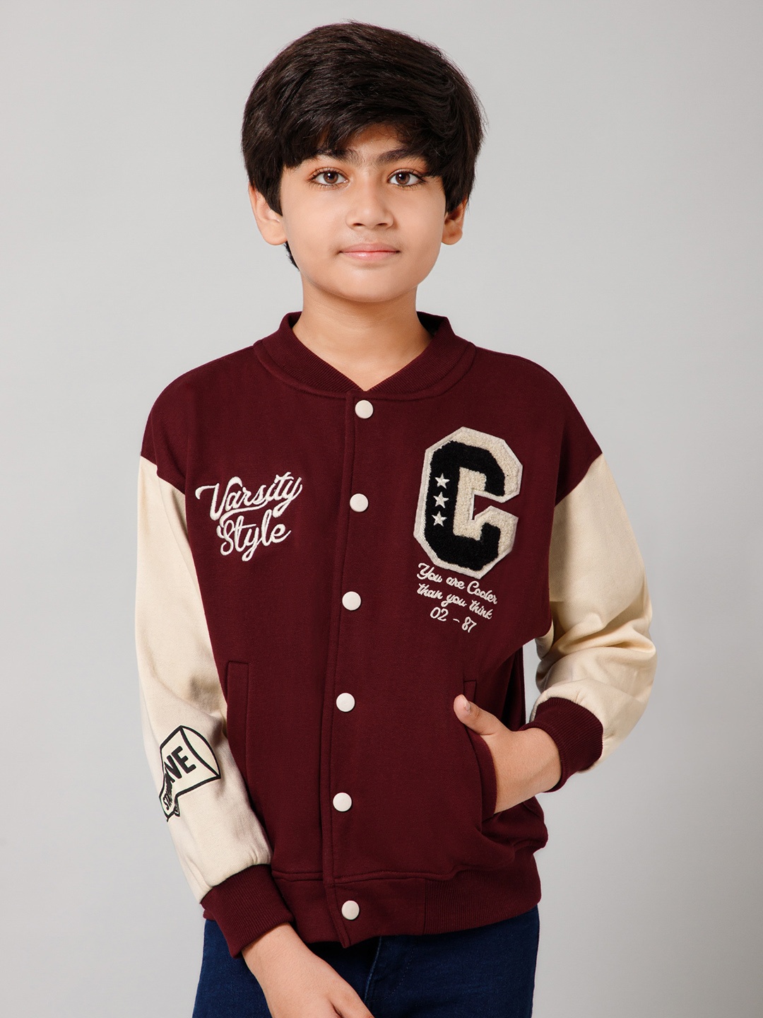 

Alan Jones Boys Typography Printed Patch Work Varsity Jacket, Maroon