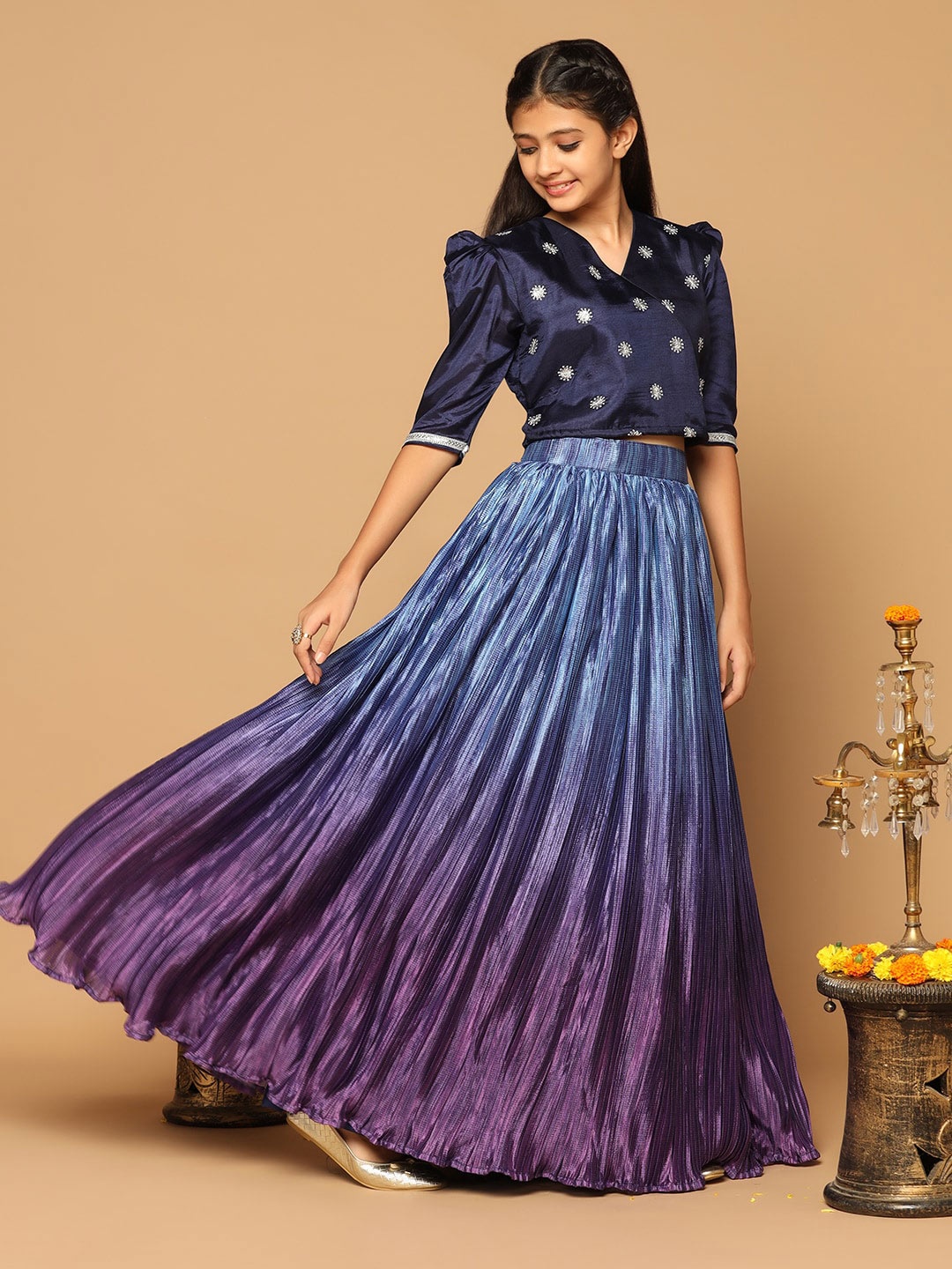 

FASHION DREAM Girls Embroidered V-Neck Ready to Wear Lehenga with Blouse, Blue